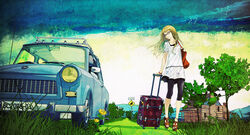  bag blonde_hair car commentary_request female flower glasses grass highres house light_smile long_hair motor_vehicle outdoors redjuice revision road_sign rolling_suitcase sandals sign sky solo star_(symbol) suitcase supercell_(band) trabant tree yellow_eyes 