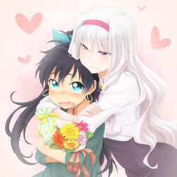  2girls aqua_eyes black_hair blush bouquet commentary_request earrings flower ganaha_hibiki grey_hair grin hair_ribbon hairband heart hug hug_from_behind idolmaster idolmaster_(classic) jewelry long_hair multiple_girls myonde oerba_yun_fang open_mouth photoshop_(medium) ponytail purple_eyes ribbon shijou_takane smile sweat white_hair yuri 