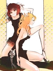  2girls anasta arm_at_side backless_dress backless_outfit bad_id bad_pixiv_id bare_shoulders black_dress blonde_hair bow breasts brown_hair cleavage closed_eyes closed_mouth collarbone dress eyebrows frills hand_in_own_hair hand_on_another&#039;s_head high_heels kneeling long_hair looking_up mawaru_penguindrum medium_breasts multiple_girls oginome_ringo open_mouth orange_eyes parted_bangs resized ribbon see-through short_hair sideboob small_breasts standing teeth tokikago_yuri white_ribbon 