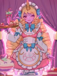  absurdres apron artist_name blonde_hair bow bowtie brooch cafe_cuties_(league_of_legends) cafe_cuties_soraka closed_mouth cupcake curtains dress drill_hair female food frilled_dress frills green_bow green_bowtie hairbow heart highres holding holding_tray horns jewelry league_of_legends long_hair long_sleeves looking_at_viewer maid maid_headdress nanumn one_eye_closed single_horn smile solo soraka_(league_of_legends) tray twin_drills twintails 