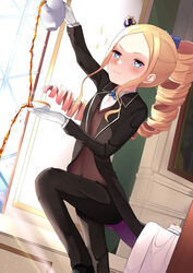  absurdres bad_id bad_pixiv_id beatrice_(re:zero) blonde_hair blue_eyes blush butler butterfly-shaped_pupils commission commissioner_upload cup decantering drill_hair failure female female_butler flat_chest gloves highres indoors long_hair looking_at_viewer pouring re:zero_kara_hajimeru_isekai_seikatsu relpama ribbon saucer sidelocks smug solo spilling symbol-shaped_pupils tea teacup teapot twin_drills 