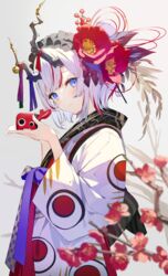  akabeko bell blue_eyes blue_ribbon blunt_bangs blurry blurry_foreground blush branch camellia chinese_zodiac closed_mouth commentary_request depth_of_field female flower from_side grey_background hair_flower hair_ornament hairband hand_up hands_up highres holding horn_bell horn_ornament horn_ribbon horns japanese_clothes kimono long_sleeves looking_at_viewer looking_to_the_side multicolored_hair original patterned_clothing pink_flower plum_blossoms print_kimono purple_ribbon red_flower red_hair red_ribbon ribbon short_hair simple_background smile solo streaked_hair sutorora two-tone_hair upper_body white_hair white_headwear white_kimono wide_sleeves year_of_the_ox 