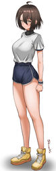  ahoge alternate_costume artist_name azur_lane baltimore_(azur_lane) blue_shorts blush braid breasts brown_hair clenched_hand closed_mouth commentary dolphin_shorts female french_braid full_body hair_between_eyes high-waist_shorts highres large_breasts looking_at_viewer shadow shinsaku_(stan-art) shirt shirt_tucked_in shoes short_hair short_sleeves shorts sidelocks simple_background sneakers solo standing sweatband undershirt white_background white_shirt yellow_eyes yellow_footwear 