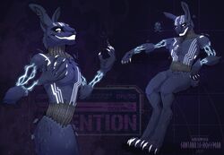  2023 abstract_background absurd_res anthro black_eyes black_nose blue_body blue_ears blue_fur blue_tail claws clenched_teeth detailed electricity english_text featureless_crotch feet five_nights_at_freddy&#039;s five_nights_at_freddy&#039;s:_security_breach five_nights_at_freddy&#039;s:_security_breach_ruin fur geometric_background glowing glowing_arms glowing_body glowing_claws glowing_eyes glowing_face glowing_teeth grey_body grid_background half-closed_eyes hand_on_hip happy head_tilt hi_res hind_legs lagomorph leporid long_ears long_legs looking_at_viewer looking_away male mammal multicolored_body muscular muscular_anthro muscular_male mxes_(fnaf) narrowed_eyes notched_ear nude pattern_background pecs pose pupils purple_background rabbit raised_arm raised_arms santanahoffman scottgames shadow short_tail signature simple_background sitting skull_and_crossbones small_pupils small_tail smile smiling_at_viewer solo square_pupils standing steel_wool_studios tail teeth text toe_claws white_body wire 