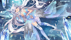  artist_name black_eyes blue_eyes crystal feathers female hanh_chu heterochromia highres ice indie_virtual_youtuber long_hair looking_at_viewer lying mikazuki_silvi navel on_back open_mouth owl_ears owl_girl skirt snowflakes solo virtual_youtuber white_hair 