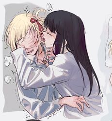  2girls black_hair blonde_hair blush closed_eyes covered_eyes ear_sex full-face_blush hair_ribbon hand_over_another&#039;s_eyes inoue_takina koyomania licking licking_ear lycoris_recoil multiple_girls nishikigi_chisato parted_lips red_ribbon ribbon teeth tongue yuri 