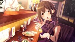  :o ahoge blush bottle braid braided_ponytail breasts brown_hair cac_itinose chalkboard chicken_(food) chopsticks earrings female food fried_chicken hair_ribbon highres holding holding_chopsticks idolmaster idolmaster_shiny_colors incoming_food izakaya jewelry kuwayama_chiyuki medium_breasts restaurant ribbon sake_bottle shirt side_ponytail sitting sleeveless sleeveless_shirt soy_sauce 