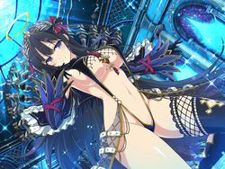  asymmetrical_legwear bikini black_gloves black_hair bow breasts cross detached_sleeves female gloves hair_ornament hairbow halo highres large_breasts long_hair navel o-ring o-ring_bikini official_art ribbon ryouki_(senran_kagura) senran_kagura senran_kagura_new_link slingshot_swimsuit solo swimsuit thighhighs yaegashi_nan 