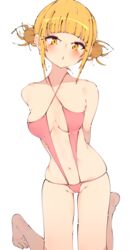  :o absurdres arms_behind_back blonde_hair blush boku_no_hero_academia breasts collarbone double_bun female hair_bun highres kneeling looking_at_viewer medium_breasts navel one-piece_swimsuit pink_one-piece_swimsuit rasusurasu short_hair simple_background solo swimsuit toga_himiko white_background yellow_eyes 