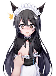  ^^^ absurdres animal_ears apron black_dress black_hair black_ribbon blush breasts brown_eyes chrisandita collarbone commentary dress female fox_ears fox_hair_ornament frilled_apron frills hair_between_eyes hair_ornament hairclip highres long_hair looking_at_viewer maid maid_headdress neck_ribbon nipples nose_blush oerba_yun_fang open_mouth original out_of_frame puffy_short_sleeves puffy_sleeves ribbon short_sleeves simple_background small_breasts solo_focus very_long_hair waist_apron wavy_mouth white_apron white_background 