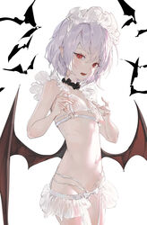  absurdres bare_arms bat_(animal) bat_wings bikini breasts brown_wings cowboy_shot eyelashes fangs female grey_hair hair_between_eyes headdress highres long_eyelashes mont_blanca navel open_mouth pointy_ears red_eyes remilia_scarlet short_hair simple_background small_breasts solo swimsuit touhou white_background white_bikini wings 