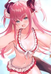  absurdres bare_shoulders bikini bikini_skirt blush breasts cleavage cloud cloudy_sky day dragon_horns dragon_tail elizabeth_bathory_(beach_bloody_demoness)_(fate) elizabeth_bathory_(fate) elizabeth_bathory_(fate/extra_ccc) fate/extella fate/extella_link fate/extra fate_(series) female frilled_bikini frills highres horns layered_skirt long_hair looking_at_viewer medium_breasts navel oerba_yun_fang open_mouth outdoors pointy_ears scan simple_background skirt sky smile solo stomach suzuho_hotaru swimsuit tail 