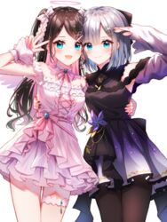  2girls :d absurdres black_dress black_legwear black_nails blue_eyes brown_hair closed_mouth detached_sleeves dress gradient_dress grey_hair hair_ornament highres kaga_nazuna kaga_sumire layered_dress long_hair long_sleeves looking_at_viewer lupinus_virtual_games medium_hair multicolored_hair multiple_girls nail_polish oerba_yun_fang open_mouth pantyhose parted_bangs pink_hair short_dress skin_fang sleeveless sleeveless_dress smile thigh_gap thigh_strap toki_(toki_ship8) two-tone_hair very_long_hair virtual_youtuber vspo! w white_dress x_hair_ornament 