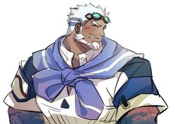  1boy aegir_(housamo) alternate_costume aqua_hair bad_id bad_twitter_id bara beard blue_eyes blush cosplay cosplay_request dark-skinned_male dark_skin facial_hair male_focus mature_male multicolored_hair muscular muscular_male sailor_collar sdz_(inazuma) short_hair solo streaked_hair tokyo_afterschool_summoners upper_body white_hair 