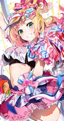  arm_up blonde_hair breasts crop_top female green_eyes hair_ornament hairclip highres hololive long_hair midriff mika_pikazo_(style) momosuzu_nene momosuzu_nene_(cheerleader) navel pink_skirt pom_pom_(cheerleading) rokka_(rokka_013a) roller_skates skates skirt thighhighs virtual_youtuber visor_cap 