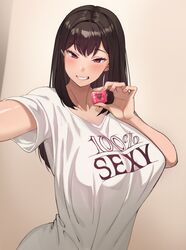  banned_artist black_hair breasts chocolate jagaimo_(kkamja) large_breasts long_hair original red_eyes shirt smug white_shirt yumi_(nt00) 