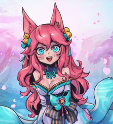  :d ahri_(league_of_legends) animal_ears bare_shoulders bell blush breasts cleavage commentary female fox_ears fox_tail green_eyes green_ribbons grey_kimono hair_bell hair_ornament hair_ribbon happy japanese_clothes kimono large_breasts league_of_legends multiple_tails official_alternate_costume petals phantom_ix_row pink_hair ribbon smile solo spirit_blossom_ahri symbol-only_commentary tail teeth upper_teeth_only 