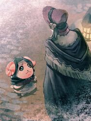  1boy animal_crossing belt bloodborne bonnet cloak commentary crossover dom_(animal_crossing) female flower highres horns kotomi_tobashi lamp plain_doll rose sheep sheep_horns stone_floor white_hair 