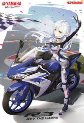  biker_clothes bikesuit bodysuit breasts checkered_flag commentary confetti female flag green_eyes grin helmet highres holding holding_helmet large_breasts logo long_hair mcg6 motor_vehicle motorcycle original pointy_ears race_vehicle racetrack skin_tight smile solo unworn_headwear unworn_helmet v white_hair yamaha yamaha_yzf-r3 