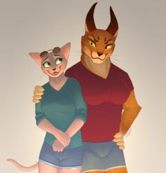  2021 5_fingers anthro big_floppa bingus bottomwear breasts caracal caracal_(genus) clothed clothing digital_media_(artwork) domestic_cat duo eyewear felid feline felis female fingers fully_clothed glasses green_eyes mammal meme smile standing tenynn topwear yellow_eyes 