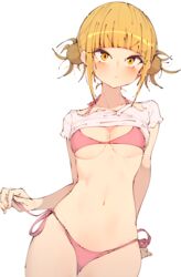  absurdres arm_support bikini blonde_hair blunt_bangs blush boku_no_hero_academia breasts closed_mouth clothes_lift collarbone cowboy_shot double_bun female groin hair_bun halterneck highres looking_at_viewer medium_breasts messy_hair micro_bikini navel pink_bikini pout rasusurasu shirt shirt_lift short_hair_with_long_locks short_sleeves sidelocks simple_background solo straight_hair strap_pull swimsuit toga_himiko tsurime underboob v-shaped_eyebrows white_background white_shirt yellow_eyes 