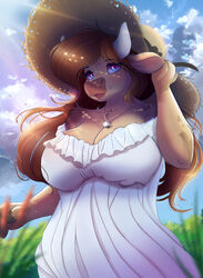  absurd_res ardail blue_eyes bovid bovine breasts brown_hair cattle cleavage clothed clothing dress female hair half-length_portrait hat headgear headwear hi_res horn jewelry long_hair mammal mocha_latte necklace portrait solo summer_hat sun_hat sundress wide_brim_hat 