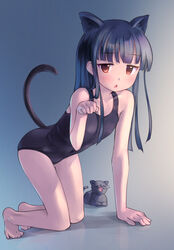  animal_ears arm_support barefoot black_cat black_one-piece_swimsuit blue_hair blunt_bangs blush cat_ears cat_girl cat_tail feline female flat_chest full_body idolmaster idolmaster_cinderella_girls kawaseki kneeling long_hair looking_at_viewer new_school_swimsuit one-piece_swimsuit open_mouth paw_pose pero_(idolmaster_cinderella_girls) red_eyes sajo_yukimi school_swimsuit solo swimsuit tail 