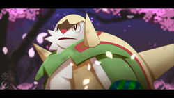  absurdres blurry brown_eyes chesnaught commentary_request crescent fangs highres letterboxed looking_up mizunogoke no_humans open_mouth petals pokemon pokemon_(creature) solo watermark 