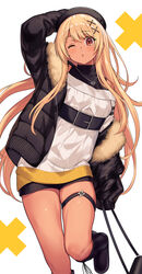  ;o absurdres alternate_costume arm_belt bare_shoulders belt beret black_belt black_footwear black_hat black_jacket black_shorts black_sweater blonde_hair dark-skinned_female dark_skin dress earrings female fur-trimmed_jacket fur_trim hair_ornament hat heart heart_necklace highres jacket jewelry kaminari_qpi kurebayashi_noe long_hair long_sleeves looking_at_viewer necklace one_eye_closed open_clothes open_jacket ribbed_sweater shorts skindentation sleeves_past_fingers sleeves_past_wrists solo sweater sweater_dress thigh_strap thighs turtleneck turtleneck_sweater very_long_hair vest virtual_youtuber vspo! white_sweater x_hair_ornament 