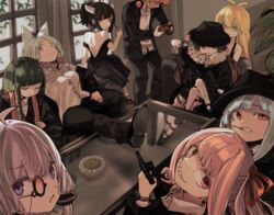  1boy 6+girls :3 ahoge alternate_costume alternate_hairstyle animal_ears antenna_hair arm_support armchair bare_back black_dress black_jacket blazer blonde_hair blue_hair blunt_bangs box breasts brown_hair chair cleavage closed_eyes collared_shirt commentary couch crossed_legs dress dress_shirt elbow_rest expressionless fedora feet_on_table food fox_ears fox_girl fur_collar furrowed_brow gangster glass_table green_eyes green_hair grin gun hair_ribbon hairband hand_on_headwear hat headgear headphones headphones_around_neck high_heels highres holding holding_box holding_food holding_gun holding_pocky holding_weapon indoors jacket jacket_partially_removed kotonoha_akane kotonoha_aoi light_purple_hair long_hair long_sleeves looking_at_viewer looking_back loose_socks low_twintails mary_janes minase_kou monocle mouth_hold multiple_girls off-shoulder_dress off_shoulder on_chair on_couch pea_pod pink_hair plant pocky popped_collar potted_plant purple_eyes raised_eyebrows reclining red_eyes red_ribbon reloading revolver ribbon sharp_teeth shirt shoes short_hair short_ponytail siblings sidelocks sisters sitting sitting_on_lap sitting_on_person siwasunohige sleeveless sleeveless_dress smile smirk socks spaghetti_strap standing stole strappy_heels sweatdrop table teeth touhoku_itako touhoku_kiritan touhoku_zunko tsukuyomi_ai tsurumaki_maki twintails uneven_eyes vocaloid voiceroid watch weapon white_shirt white_socks window wristwatch yuzuki_yukari 