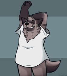  2021 anthro biped black_nose closed_eyes clothing dave_(password) hi_res hyena mammal orbitpaws password_(visual_novel) shirt solo stretching striped_hyena topwear 