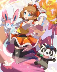  animal_ear_fluff blonde_hair blue_eyes delphox female fire hair_ornament highres jewelry looking_at_viewer necklace open_mouth pancham pokemon pokemon_(anime) pokemon_(creature) pokemon_journeys ribbon serena_(pokemon) shirt short_hair skirt smile startboii sunglasses sylveon thighhighs 