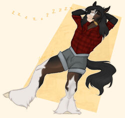  anthro black_hair bottomwear brown_body brown_fur closed_eyes clothing darrell_ryder equid equine fetlocks flannel_shirt fur hair hands_behind_head hay_in_mouth hi_res hooves horse huskii-s leg_markings lying male mammal markings on_back shorts simple_background sleeping socks_(marking) solo white_markings 