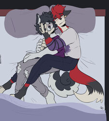  absurd_res anthro bed blush canid canine canis clothed clothing domestic_dog duo fluffy fluffy_tail fox furniture hi_res husky male male/male mammal nordic_sled_dog piercing rivey_ravenheart sleeping spitz tail xfotzy 