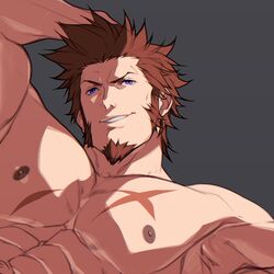  1boy abs bara blue_eyes brown_hair cross_scar dizdoodz facial_hair fate/grand_order fate_(series) goatee hand_on_own_head large_pectorals long_sideburns male_focus muscular muscular_male napoleon_bonaparte_(fate) nipples pectorals scar scar_on_chest short_hair sideburns smile solo spiked_hair upper_body 