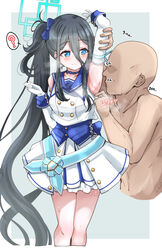  1boy ? aris_(blue_archive) armpits black_hair blue_archive blue_eyes blush breasts choker dark-skinned_male dark_skin detached_sleeves disembodied_torso female gloves hair_between_eyes halo highres idol long_hair long_hair_between_eyes machismo_fuji mischievous_straight_uniform_(blue_archive) official_alternate_costume pleated_skirt presenting_armpit ribbon sailor_collar side_ponytail skirt small_breasts smelling_armpit standing steam steaming_body straight sweat sweatdrop thighs very_long_hair 