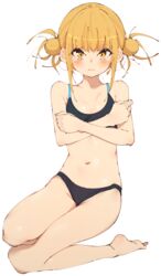  absurdres barefoot bikini black_bikini blonde_hair blush boku_no_hero_academia breasts cleavage closed_mouth collarbone double_bun embarrassed female hair_bun highres kneeling legs looking_at_viewer medium_breasts navel rasusurasu short_hair simple_background solo swimsuit thighs toga_himiko white_background yellow_eyes 