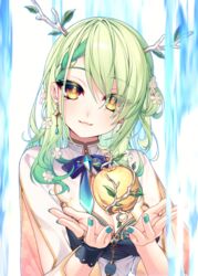  :3 apple breasts brown_eyes ceres_fauna ceres_fauna_(1st_costume) cleavage closed_mouth dangle_earrings earrings female food fruit golden_apple green_hair green_nails highres hololive hololive_english jewelry large_breasts long_hair looking_at_viewer murmoruno smile solo upper_body virtual_youtuber 