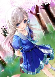  :d arms_behind_back bag blue_dress blue_eyes blush braid collarbone collared_shirt dress earrings female floating_hair grey_hair highres hisakawa_hayate holding holding_bag idolmaster idolmaster_cinderella_girls idolmaster_cinderella_girls_starlight_stage jewelry long_hair outdoors pleated_dress sailor_collar sailor_dress sailor_shirt shirt short_dress single_braid smile solo spring_(season) standing very_long_hair white_legwear white_shirt yuu_sagi 