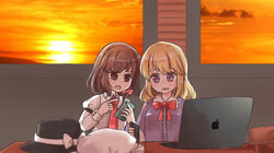  2girls blonde_hair bow bowtie brown_eyes brown_hair cellphone computer desk fedora hat highres indoors laptop looking_at_phone maribel_hearn mob_cap multiple_girls necktie phone purple_eyes salt_(seasoning) shirt smartphone sunset touhou unworn_hat unworn_headwear usami_renko white_shirt window 