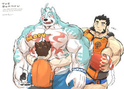  3boys arm_hair bara blue_fur blue_male_swimwear body_hair chest_tattoo feet_out_of_frame forked_eyebrows furry furry_male furry_with_non-furry hachimaki hairy headband hiding hiding_behind_another highres hug interspecies large_hands large_pectorals leg_hair long_sideburns male_focus male_swimwear mature_male multiple_boys muscular muscular_male nejiri_hachimaki official_alternate_costume oguchi_magami pectorals protagonist_1_(housamo) saro_(rotsw_00022) short_hair sideburns size_difference tajikarao_(housamo) tattoo thick_eyebrows tokyo_afterschool_summoners topless_male white_background white_fur wolf_boy yaoi 