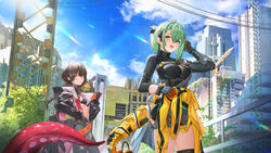  2girls absurdres ahoge bikini bikini_top_only black_bikini black_shirt blue_sky breasts brown_hair building cable cityscape clothes_around_waist cowboy_shot day de_lacey_(neural_cloud) diving_suit dry_suit earrings expressionless girls&#039;_frontline girls&#039;_frontline_neural_cloud gloves green_hair hair_between_eyes hand_on_own_hip hatsuchiri_(neural_cloud) highres jacket jacket_around_waist jewelry lan_liyu_renzi large_breasts looking_at_viewer mechanical_tail mole mole_under_eye mole_under_mouth multiple_girls navel open_mouth outdoors purple_eyes red_eyes shirt short_hair shorts sky smile swimsuit tail tentacle yellow_jacket 