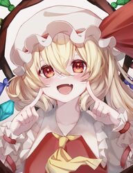  :d ascot blonde_hair blush crystal fangs female flandre_scarlet frilled_shirt_collar frills hair_between_eyes hands_up hat hat_ribbon heart heart_in_eye highres long_hair mob_cap murumuru_(pixiv51689952) oerba_yun_fang one_side_up open_mouth puffy_short_sleeves puffy_sleeves red_eyes red_ribbon red_vest ribbon shirt short_sleeves skin_fang smile solo symbol_in_eye touhou upper_body vest white_hat white_shirt wings wrist_cuffs 