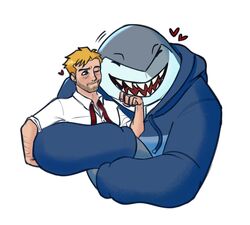  2020 5_fingers anthro blonde_hair blue_eyes closed_eyes clothed clothing dc_comics duo fingers fish hair harley_quinn_(series) heart_symbol hi_res hoodie human humanoid_hands john_constantine king_shark male male/male mammal marine moonboonlafayette one_eye_closed shark sharp_teeth simple_background smile teeth topwear white_background 