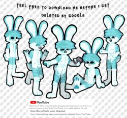  anthro blue_body blue_fur blue_hair english_text fur group hair hi_res humanoid lagomorph leporid male mammal nude open_mouth pleskoslez plesky_(pleskoslez) rabbit simple_background simple_eyes smile solo tail text white_body white_fur 