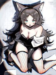  :o animal_ears black_footwear black_gloves black_hairband black_leotard black_thighhighs blue_eyes breasts brown_hair cleavage dated dongjian_bohe elbow_gloves fangs female fishnet_thighhighs fishnets fox_ears fox_girl genderswap_(mtf) gloves hairband high_heels highres kemonomimi_mode leotard medium_breasts mysta_rias nijisanji nijisanji_en open_mouth rule_63 solo thighhighs virtual_youtuber 