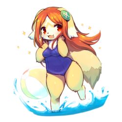  1:1 accessory anthro ball beach_ball canid canine canis chantico_(full_bokko_heroes) clothing conditional_dnp crunchobar cyberconnect2 digital_media_(artwork) domestic_dog drecom female female_anthro full_bokko_heroes hair hair_accessory hi_res inflatable long_hair mammal one-piece_swimsuit open_mouth raised_leg red_eyes red_hair simple_background solo swimwear water 