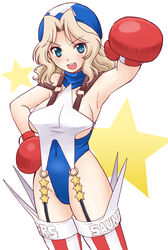  arm_up bandana blonde_hair blue_bandana blue_eyes blue_headwear blue_leotard boxing_gloves breasts clothes_writing commentary cosplay covered_navel cowboy_shot female girls_und_panzer hair_intakes hand_on_own_hip highleg highleg_leotard highres justice_gakuen kay_(girls_und_panzer) large_breasts leotard long_hair looking_at_viewer o-ring open_mouth red_thighhighs shiritsu_justice_gakuen smile solo standing star_(symbol) striped_clothes striped_thighhighs thighhighs tiffany_lords tiffany_lords_(cosplay) uona_telepin vertical-striped_clothes vertical-striped_thighhighs white_leotard 