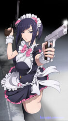  akiba_maid_sensou apron artist_name ass asymmetrical_bangs bad_id bad_pixiv_id black_hair bow breasts commentary_request dual_wielding female gun handgun highres holding holding_gun holding_weapon kaname_aomame large_breasts looking_at_viewer m1911 maid maid_apron maid_headdress mannen_ranko purple_eyes revolver s&amp;w_m29 short_hair short_sleeves solo standing thighhighs thighs upper_body weapon wrist_cuffs 