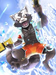  3:4 abs anklet anthro athletic athletic_anthro athletic_male clothed clothing cloud debirobu eyewear goggles guardians_of_the_galaxy hi_res jewelry male mammal marvel necklace open_clothing open_shirt open_topwear pawpads pecs procyonid raccoon red_eyes rocket_raccoon sea shirt sky smile solo tongue topwear toy toy_gun water water_gun 